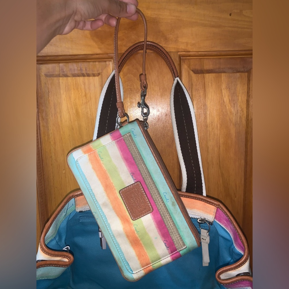 COACH Hampton Watercolor Pastel Stripes Tote Handbag and wristlet bundle - Picture 2 of 11